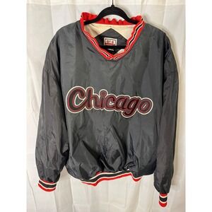 Vintage Chicago Pullover Windbreaker Jacket XL Black Red White Embroidered